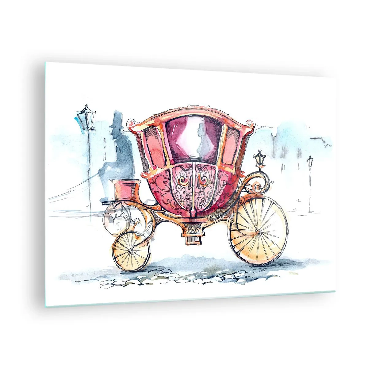 Cuadro sobre vidrio - Impresiones sobre Vidrio - Un elegante carruaje de estilo acuarela sobre un fondo de calle. - 70x50cm - ¿A la boda o al baile? - Decoración de pared moderna para salón y dormitorio ARTTOR