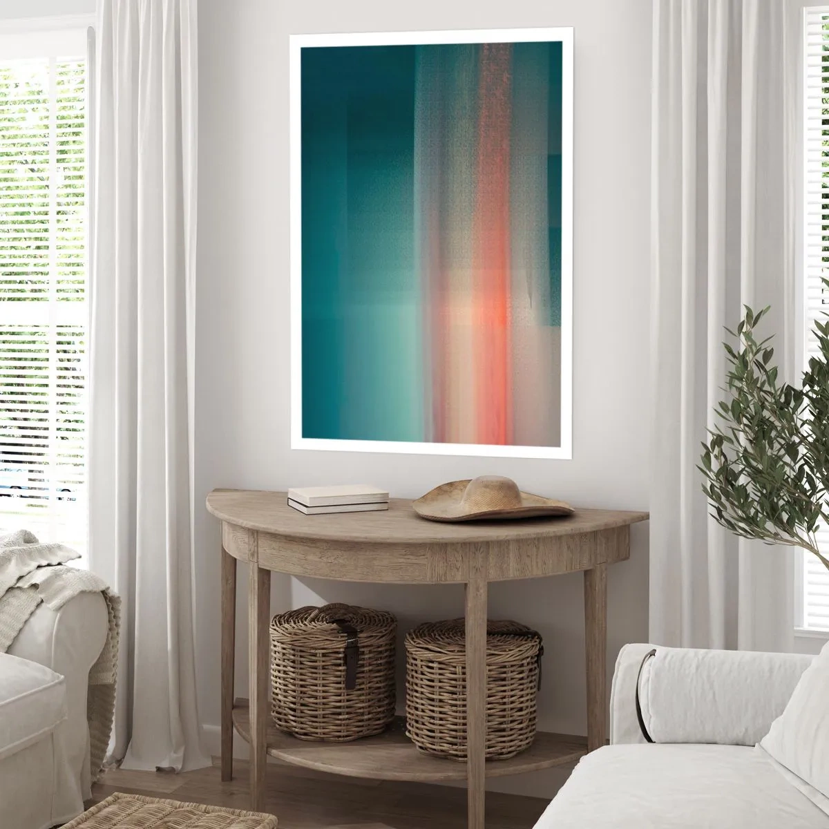Póster - Un juego abstracto de luz en tonos turquesa y rojo. - 50x70cm - Abstracción: ondas de luz - Decoración de pared moderna para salón y dormitorio ARTTOR