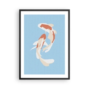 Póster en marco negro - Dos peces koi nadando en armonía - 50x70cm - Natación sincronizada espontánea - Decoración de pared moderna para salón y dormitorio ARTTOR