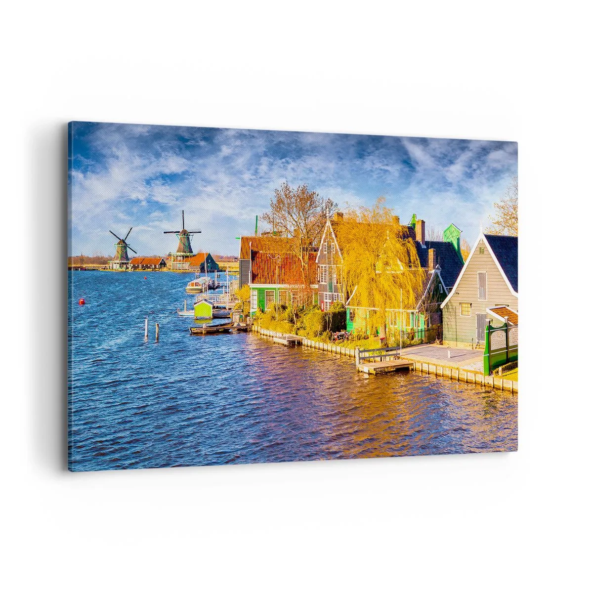 Cuadro sobre lienzo - Impresión de Imagen - Casas pintorescas y molinos de viento junto al agua - 120x80cm - Durante siglos, sin cambios - Decoración de pared moderna para salón y dormitorio ARTTOR