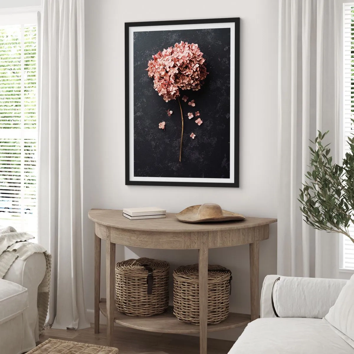 Póster en marco negro - Hortensia seca sobre fondo negro - 50x70cm - Un signo verdaderamente romántico - Decoración de pared moderna para salón y dormitorio ARTTOR