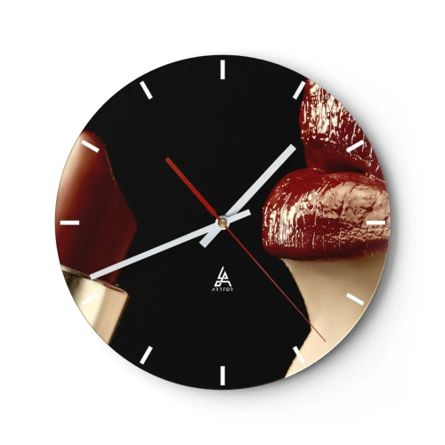 Reloj de pared - Reloj de vidrio - Labios rojos y lápiz labial sobre un fondo negro. - 30x30cm - Sensualidad y brillo del carmín - Decoración de pared moderna para salón, cocina y dormitorio ARTTOR