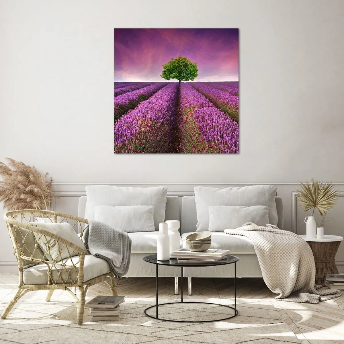 Cuadro sobre vidrio - Impresiones sobre Vidrio - En los campos de lavanda - 70x70 cm