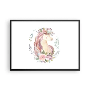 Póster en marco negro - Un unicornio en colores pastel rodeado de flores. - 70x50cm - Una invitación al mundo de los cuentos de hadas - Decoración de pared moderna para salón y dormitorio ARTTOR
