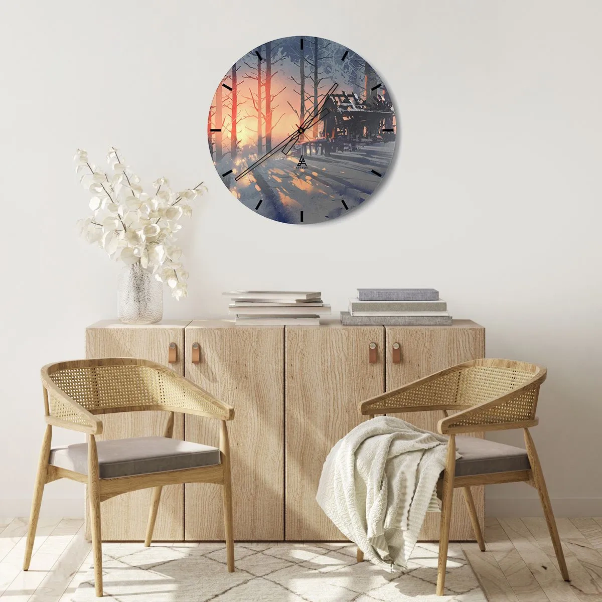 Reloj de pared - Reloj de vidrio - Una cabaña en el bosque iluminada por los rayos del sol poniente. - 30x30cm - Solo el sol es testigo - Decoración de pared moderna para salón, cocina y dormitorio ARTTOR