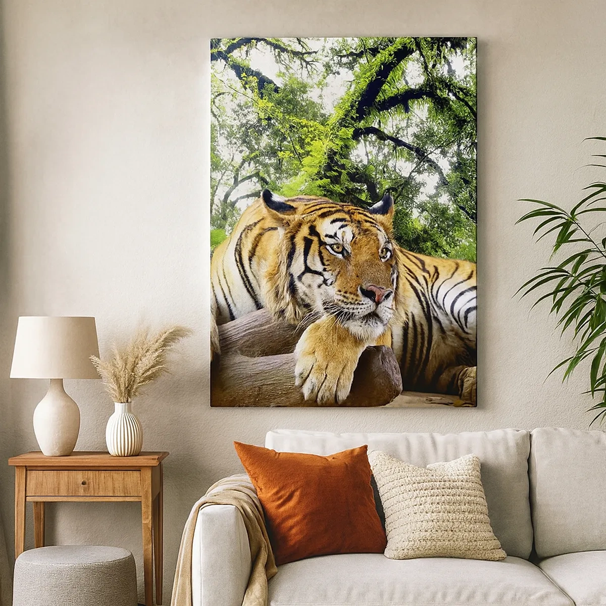 Cuadro sobre lienzo - Impresión de Imagen - Un tigre descansando en un bosque tropical. - 50x70cm - Atentamente - Decoración de pared moderna para salón y dormitorio ARTTOR