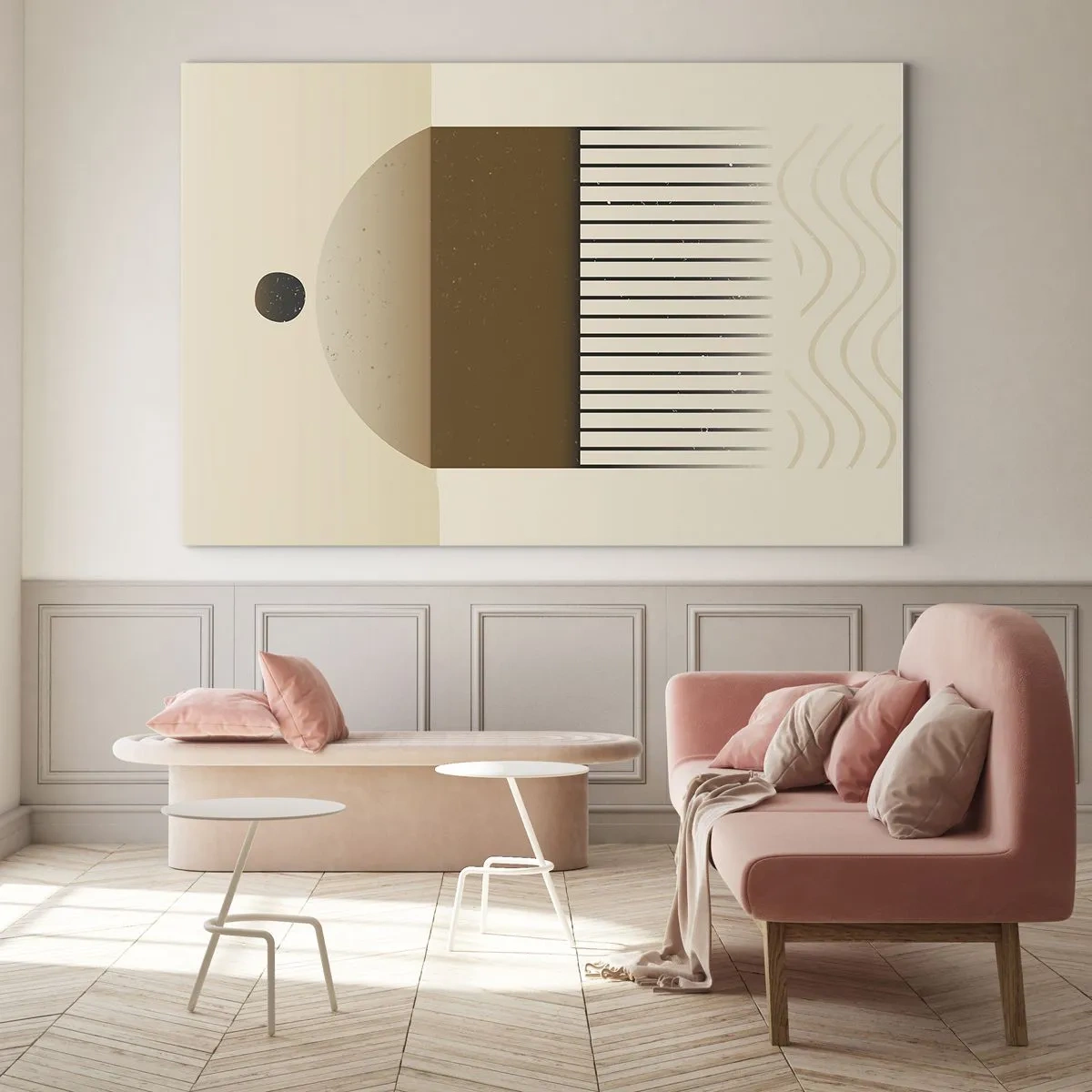 Cuadro sobre vidrio - Impresiones sobre Vidrio - Abstracción beige y marrón con formas geométricas y líneas. - 100x70cm - Varios estados - Decoración de pared moderna para salón y dormitorio ARTTOR