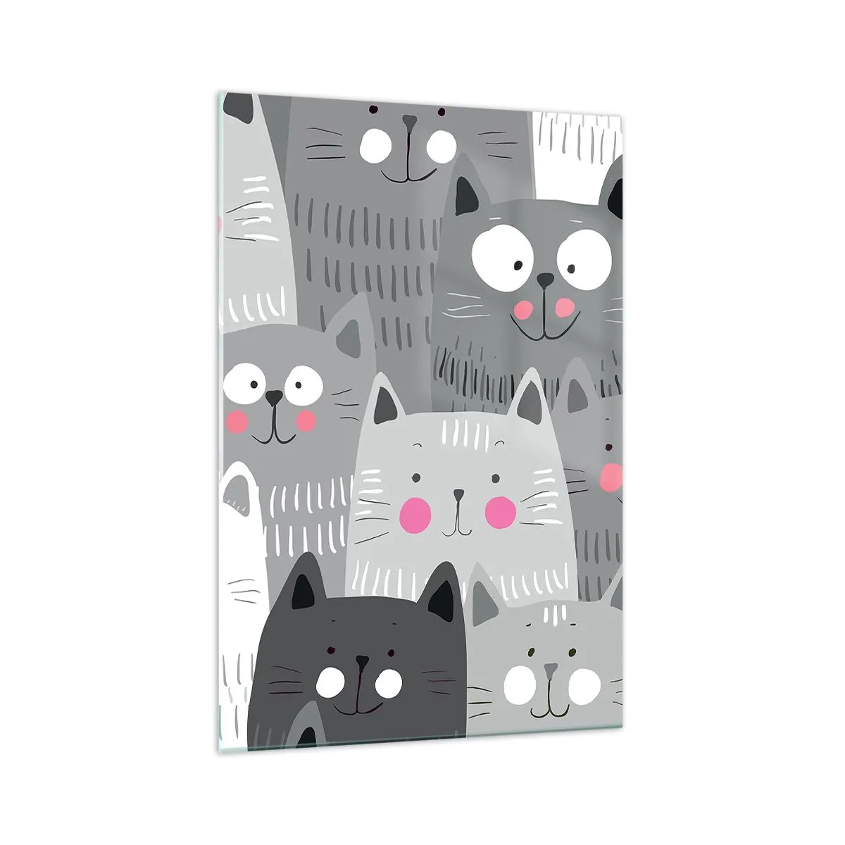 Cuadro sobre vidrio - Impresiones sobre Vidrio - Un patrón divertido con gatos en tonos grises. - 70x100cm - El mundo de los gatos - Decoración de pared moderna para salón y dormitorio ARTTOR