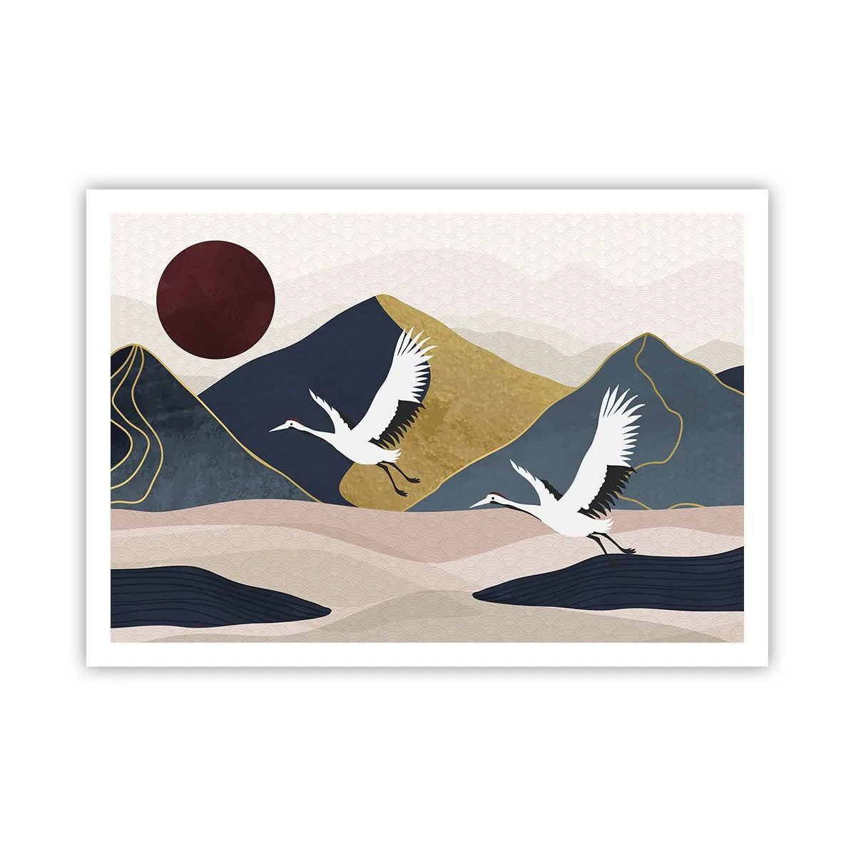 Póster - Grúas en vuelo con el telón de fondo de montañas y un sol rojo. - 100x70cm - Y el día ha vuelto a pasar volando - Decoración de pared moderna para salón y dormitorio ARTTOR