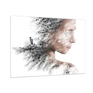 Cuadro sobre vidrio - Impresiones sobre Vidrio - Retrato de una mujer con ramas al fondo - 100x70cm - Espíritu del bosque - Decoración de pared moderna para salón y dormitorio ARTTOR