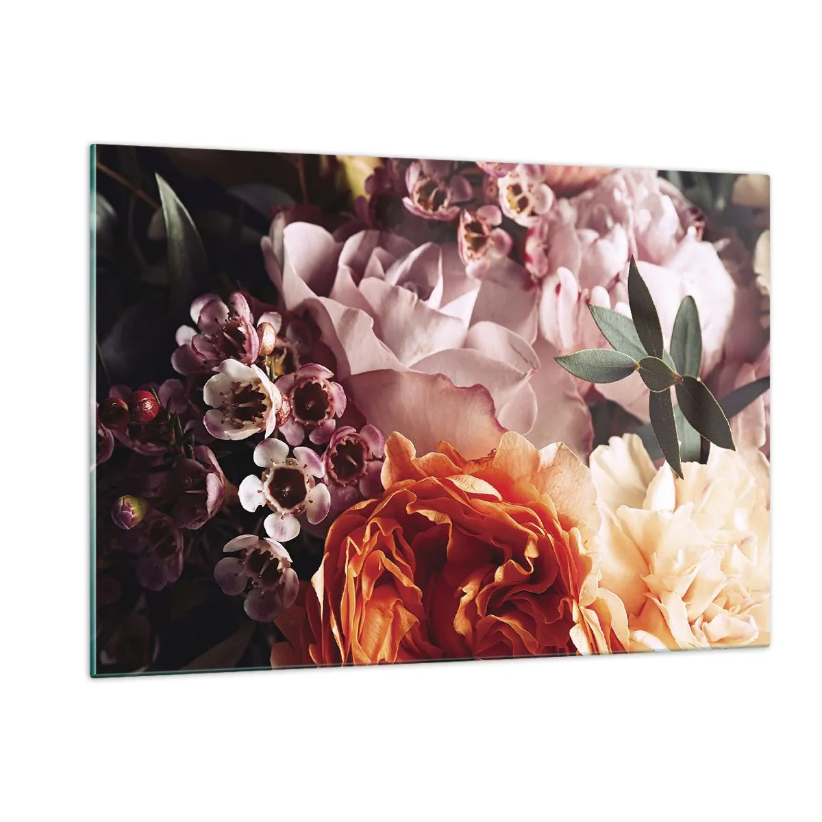 Cuadro sobre vidrio - Impresiones sobre Vidrio - Un primer plano de una composición de rosas, claveles y pequeñas flores. - 120x80cm - Belleza envolvente - Decoración de pared moderna para salón y dormitorio ARTTOR