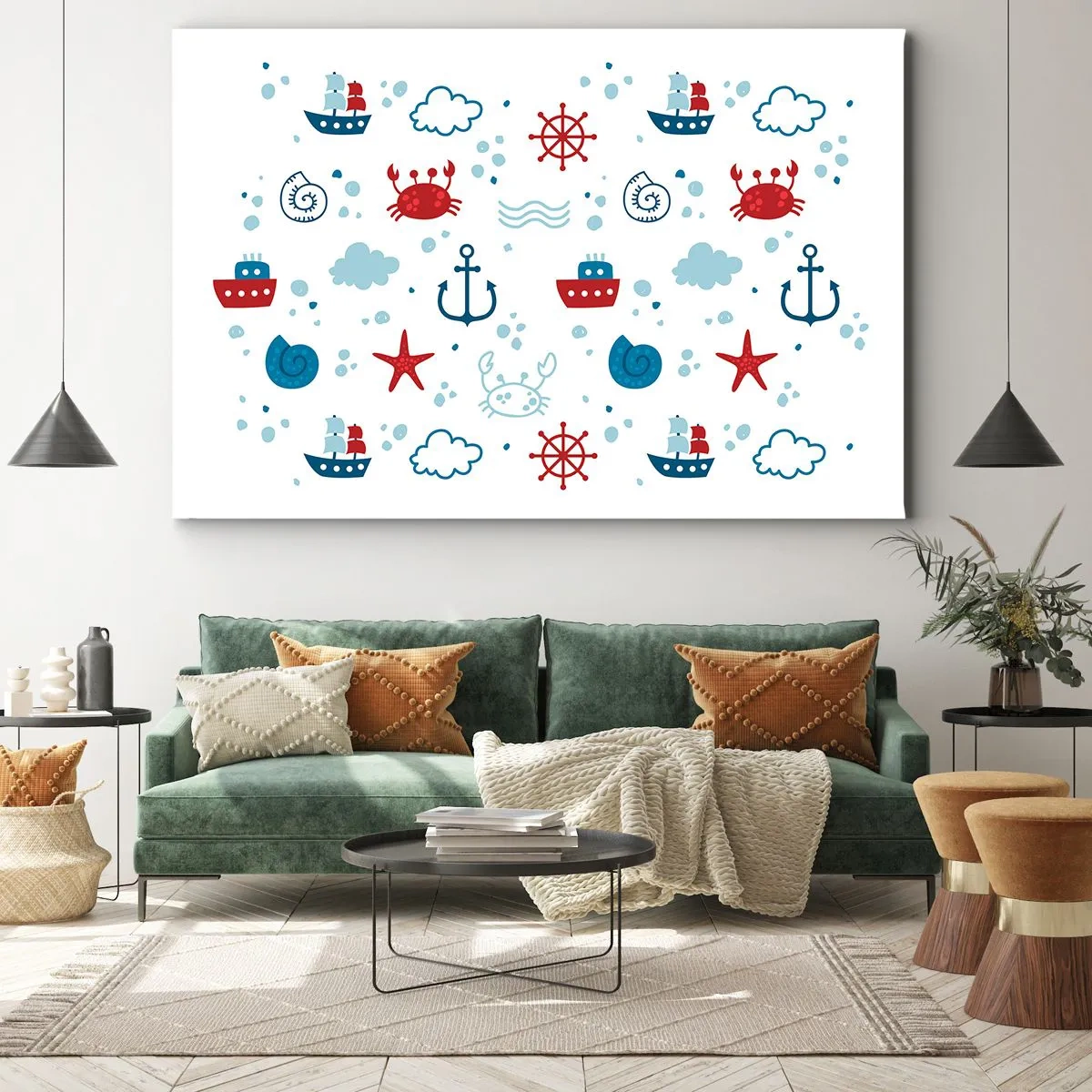 Cuadro sobre lienzo - Impresión de Imagen - Patrón náutico con anclas, barcos y cangrejos. - 70x50cm - Un cuento de mar - Decoración de pared moderna para salón y dormitorio ARTTOR