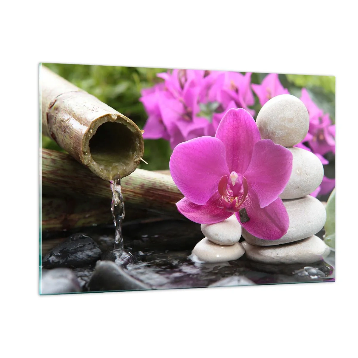 Cuadro sobre vidrio - Impresiones sobre Vidrio - Cascada de orquídeas moradas, piedras y bambú - 120x80cm - Ya estás descansando - Decoración de pared moderna para salón y dormitorio ARTTOR