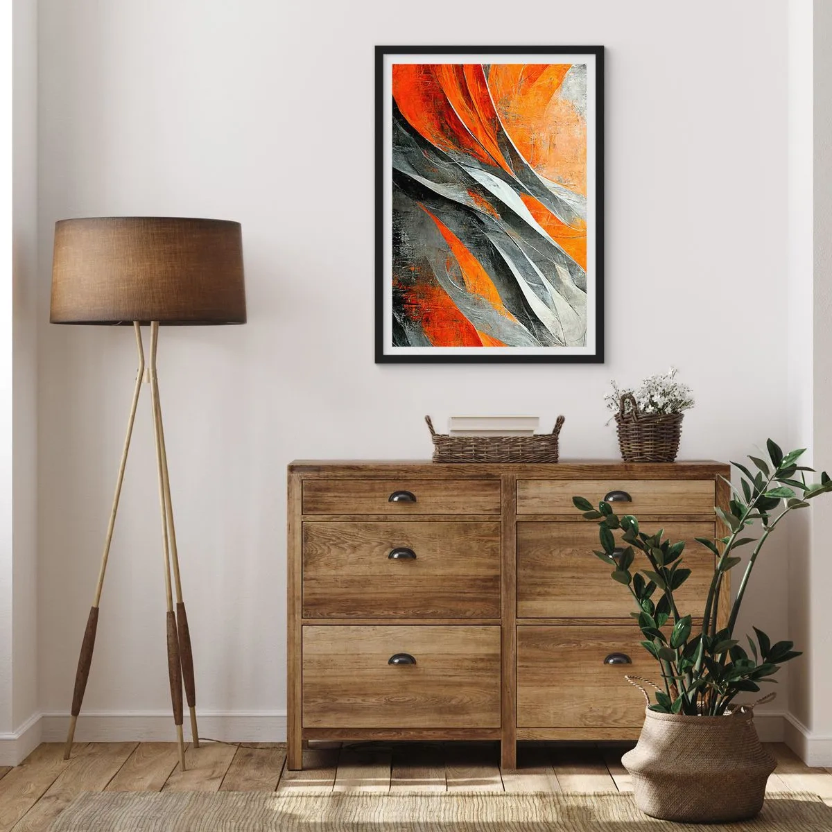 Póster en marco negro - Abstracción dinámica en tonos naranja y gris. - 50x70cm - Calor y frío - Decoración de pared moderna para salón y dormitorio ARTTOR
