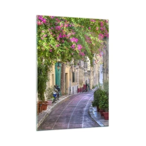 Cuadro sobre vidrio - Impresiones sobre Vidrio - Una calle encantadora con árboles en flor. - 50x70cm - Un callejón floreciente - Decoración de pared moderna para salón y dormitorio ARTTOR
