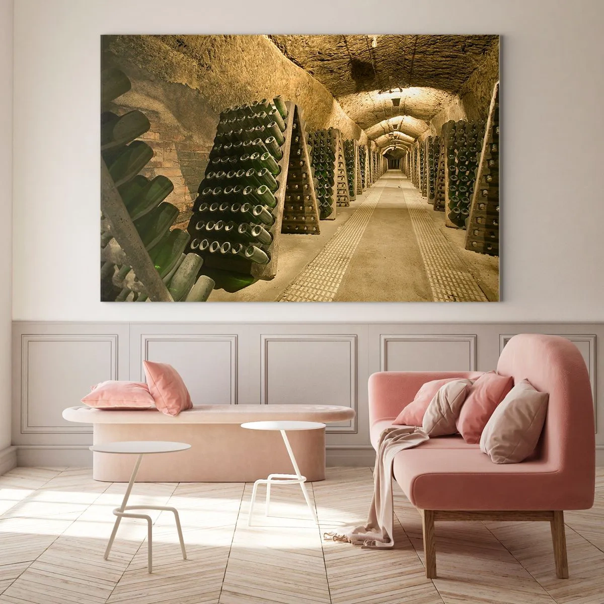 Cuadro sobre vidrio - Impresiones sobre Vidrio - Una bodega con botellas de vino envejeciendo en filas. - 120x80cm - El nacimiento del gusto - Decoración de pared moderna para salón y dormitorio ARTTOR