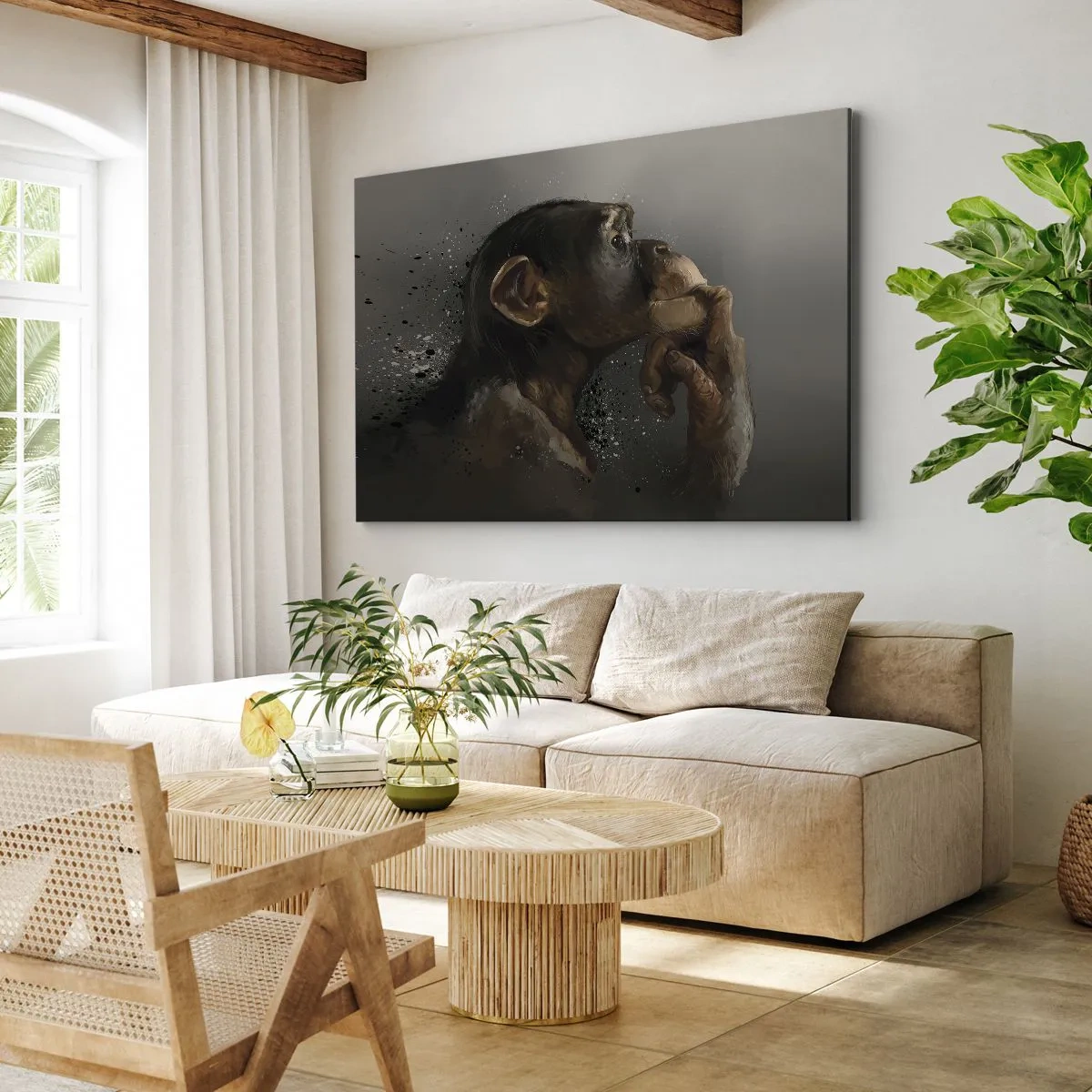 Cuadro sobre lienzo - Impresión de Imagen - Retrato de un mono en pose reflexiva sobre un fondo gris. - 70x50cm - La evolución del pensador - Decoración de pared moderna para salón y dormitorio ARTTOR