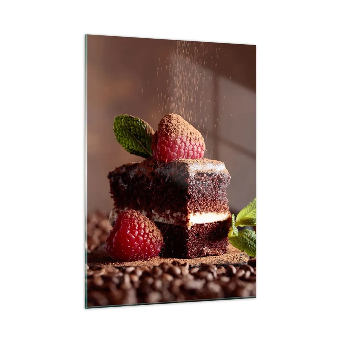 Cuadro sobre vidrio - Impresiones sobre Vidrio - Postre de chocolate con frambuesas y hojas de menta - 50x70cm - La vida es dulce - Decoración de pared moderna para salón y dormitorio ARTTOR