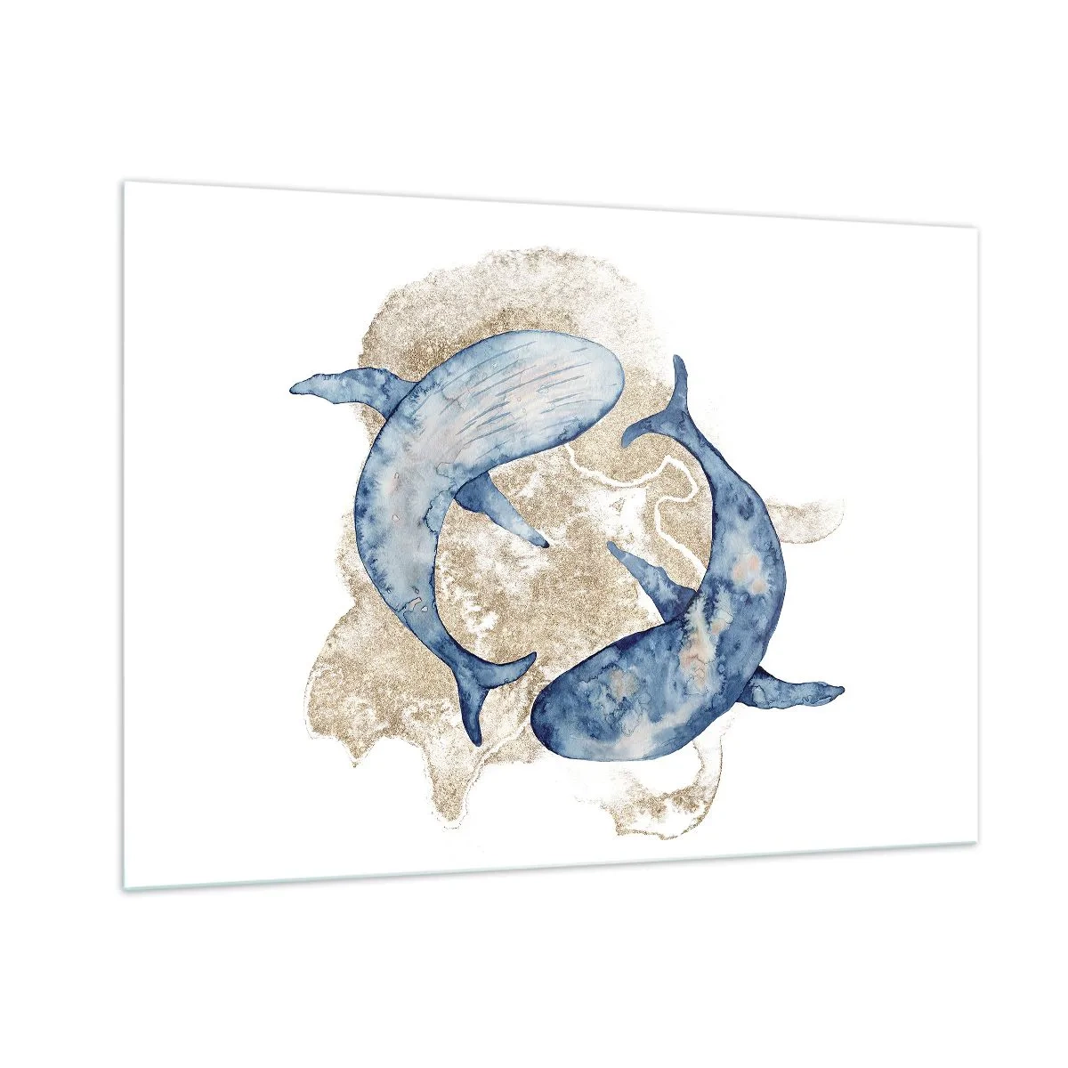 Cuadro sobre vidrio - Impresiones sobre Vidrio - Dos ballenas azules sobre un fondo de manchas doradas abstractas - 100x70cm - ¿Amistad o amor? - Decoración de pared moderna para salón y dormitorio ARTTOR