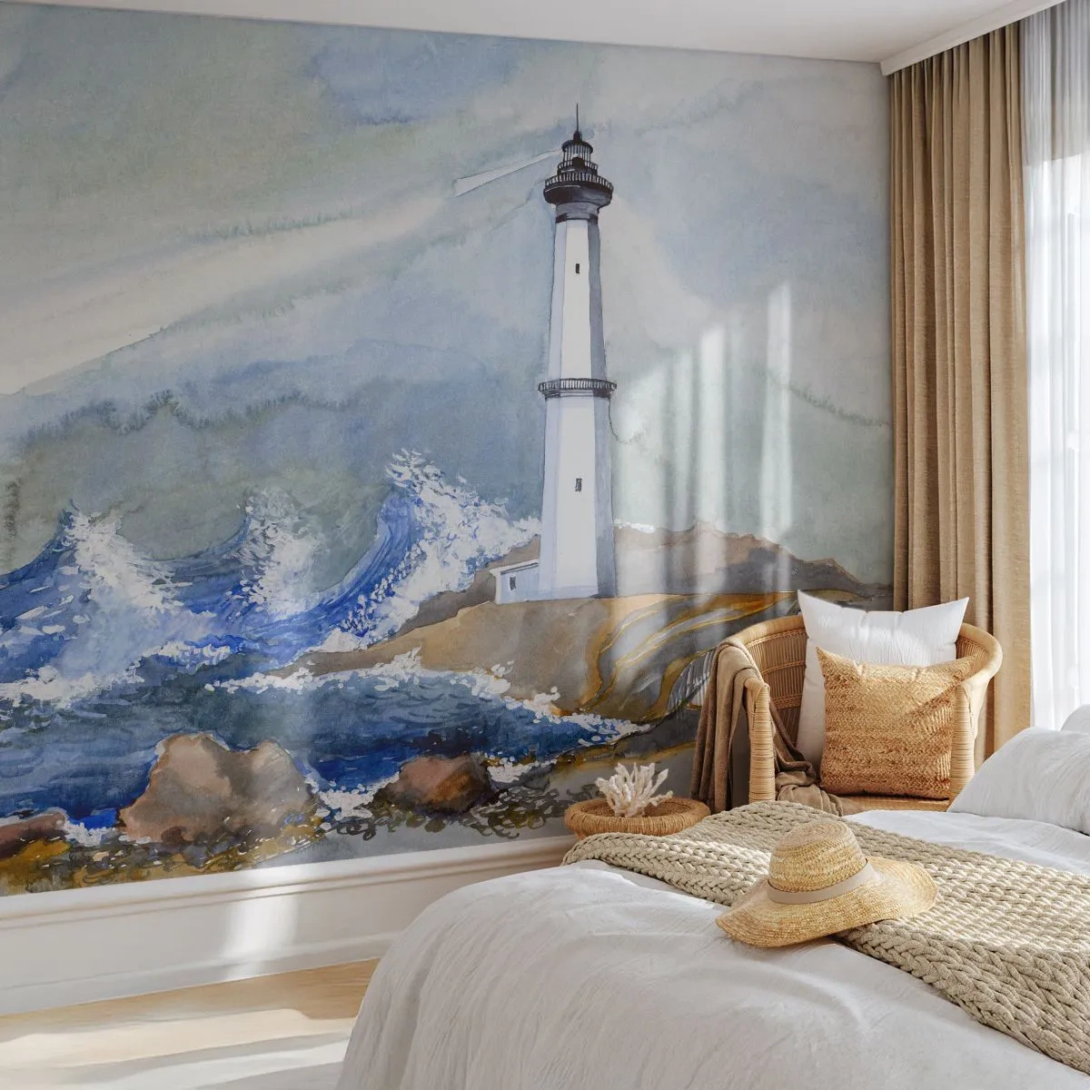 Fotomural Premium Sand - Un faro entre las olas agitadas - 100x70cm - Contra la oscuridad y la tormenta - Decoración de pared moderna para salón y dormitorio ARTTOR