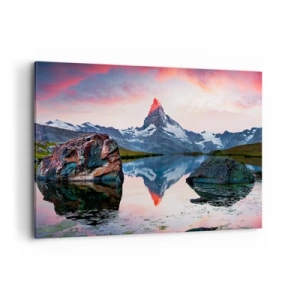Cuadro sobre lienzo - Impresión de Imagen - Un pico de montaña reflejado en un lago al atardecer. - 100x70cm - El corazón de las montañas arde - Decoración de pared moderna para salón y dormitorio ARTTOR
