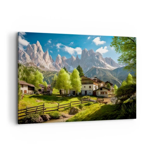 Cuadro sobre lienzo - Impresión de Imagen - Un pueblo de montaña con casas y vistas a los Alpes. - 120x80cm - Idilio alpino - Decoración de pared moderna para salón y dormitorio ARTTOR