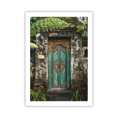 Póster - Puerta rústica con adornos orientales en verde. - 50x70cm - Una puerta a un mundo exótico - Decoración de pared moderna para salón y dormitorio ARTTOR