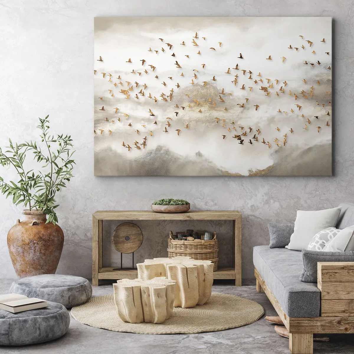 Cuadro sobre lienzo - Impresión de Imagen - Pájaros dorados contra las montañas brumosas - 70x50cm - Es hora... - Decoración de pared moderna para salón y dormitorio ARTTOR