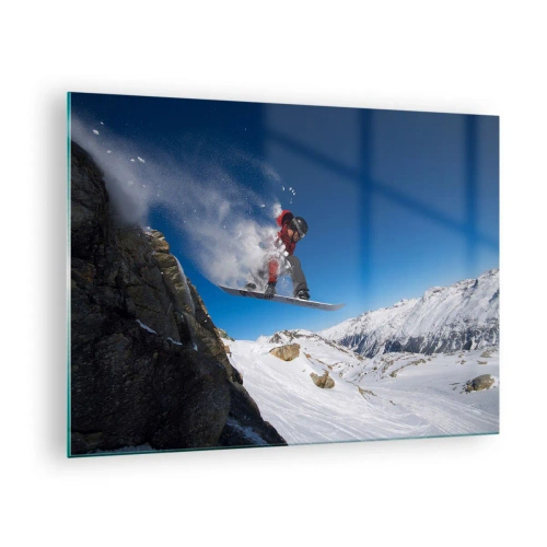 Cuadro sobre vidrio - Impresiones sobre Vidrio - Un snowboarder salta con un telón de fondo de montaña. - 70x50cm - Y te convertiste en parte del lugar - Decoración de pared moderna para salón y dormitorio ARTTOR