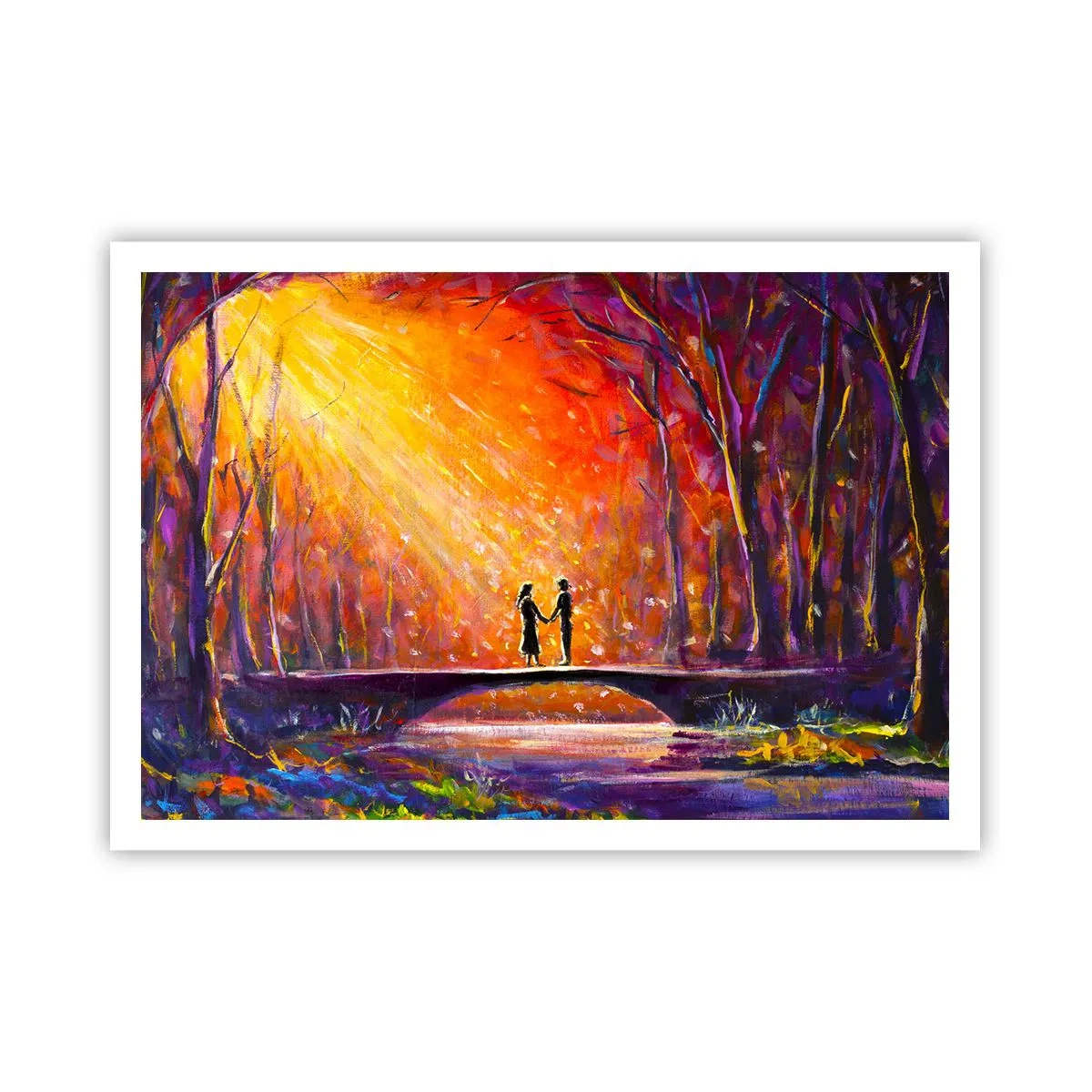 Póster - Pareja romántica en un puente en el bosque otoñal - 100x70cm - El cielo también los ama - Decoración de pared moderna para salón y dormitorio ARTTOR