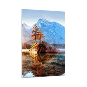 Cuadro sobre vidrio - Impresiones sobre Vidrio - Paisaje de montaña por la mañana con árboles y reflejo en el lago. - 50x70cm - La naturaleza bajo la luz - Decoración de pared moderna para salón y dormitorio ARTTOR