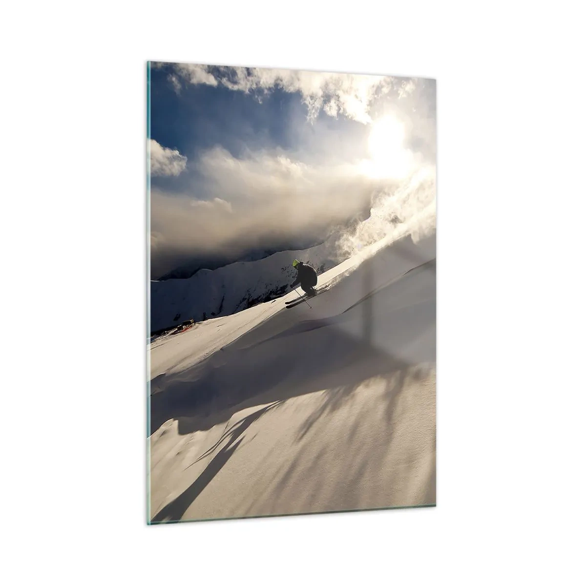 Cuadro sobre vidrio - Impresiones sobre Vidrio - Un esquiador deslizándose por una pendiente a la luz del sol invernal. - 50x70cm - Reto de montaña asumido - Decoración de pared moderna para salón y dormitorio ARTTOR