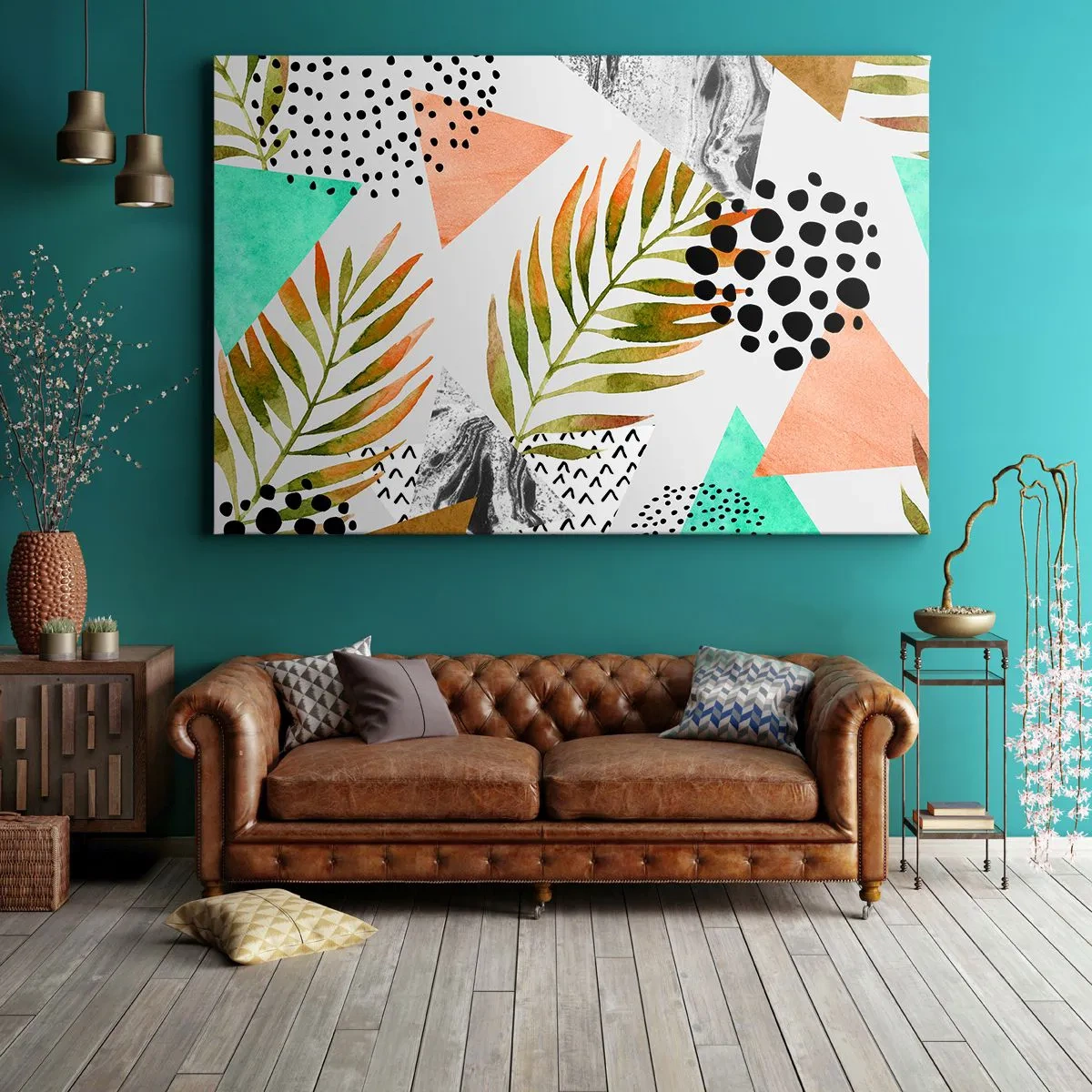 Cuadro sobre lienzo - Impresión de Imagen - Patrón tropical con hojas y formas geométricas. - 120x80cm - Decoración con hojas de palmera - Decoración de pared moderna para salón y dormitorio ARTTOR
