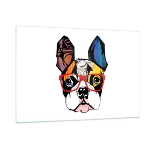 Cuadro sobre vidrio - Impresiones sobre Vidrio - Bulldog con gafas de colores sobre un fondo blanco - 120x80cm - El intelectual - Decoración de pared moderna para salón y dormitorio ARTTOR