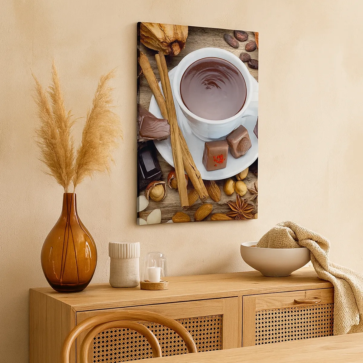 Cuadro sobre lienzo - Impresión de Imagen - Una taza de chocolate caliente rodeada de ingredientes de postre. - 50x70cm - Chocolate de ensueño - Decoración de pared moderna para salón y dormitorio ARTTOR