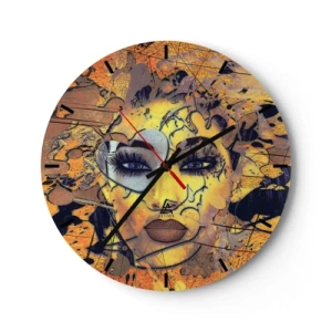 Reloj de pared - Reloj de vidrio - Retrato de una mujer abstracta en tonos dorados y negros. - 30x30cm - La belleza del sol - Decoración de pared moderna para salón, cocina y dormitorio ARTTOR