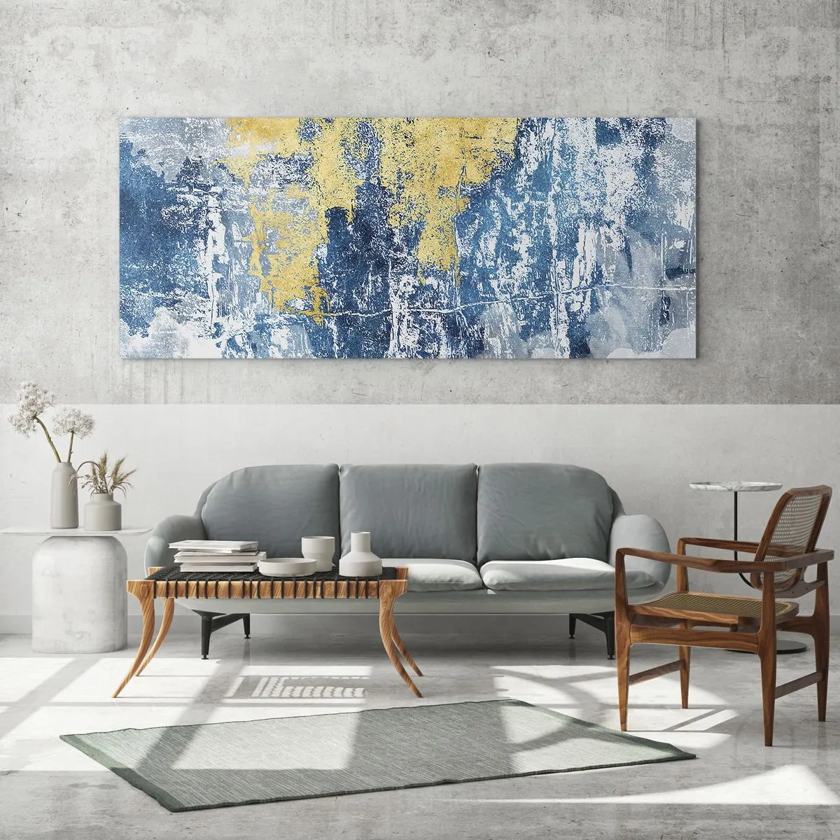Cuadro sobre vidrio - Impresiones sobre Vidrio - Abstracción en tonos azules y amarillos - 160x50cm - Una abstracción serena - Decoración de pared moderna para salón y dormitorio ARTTOR