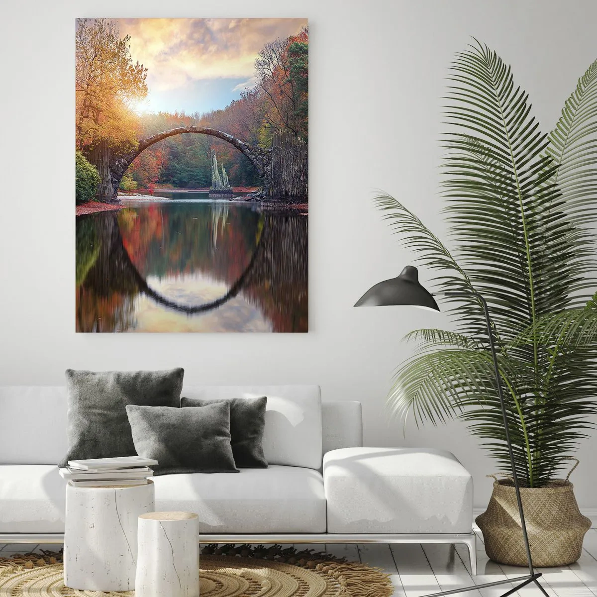 Cuadro sobre vidrio - Impresiones sobre Vidrio - Un puente de piedra en un paisaje otoñal sobre aguas tranquilas. - 70x100cm - Al otro lado del espejo - Decoración de pared moderna para salón y dormitorio ARTTOR