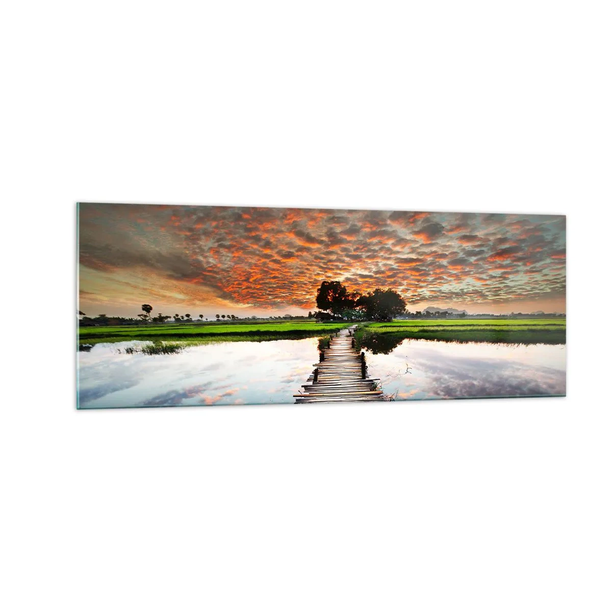 Cuadro sobre vidrio - Impresiones sobre Vidrio - Puente de madera sobre el agua al atardecer - 140x50cm - Extiende tus brazos - respira  - Decoración de pared moderna para salón y dormitorio ARTTOR