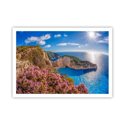 Póster - Un acantilado con flores, un mar turquesa y un soleado paisaje griego. - 100x70cm - Mis grandes vacaciones en Grecia - Decoración de pared moderna para salón y dormitorio ARTTOR