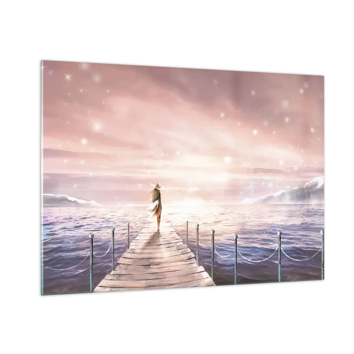 Cuadro sobre vidrio - Impresiones sobre Vidrio - Mujer en el muelle al atardecer - 100x70cm - A la luz de un sueño - Decoración de pared moderna para salón y dormitorio ARTTOR