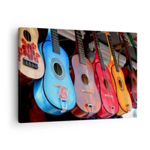 Cuadro sobre lienzo - Impresión de Imagen - Guitarras acústicas de colores cuelgan en fila en exhibición - 70x50cm - Estilo latino - Decoración de pared moderna para salón y dormitorio ARTTOR
