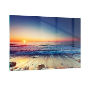 Cuadro sobre vidrio - Impresiones sobre Vidrio - Puesta de sol sobre la playa con suaves olas y un mar en calma. - 120x80cm - ¿Y qué hay tras el horizonte? - Decoración de pared moderna para salón y dormitorio ARTTOR