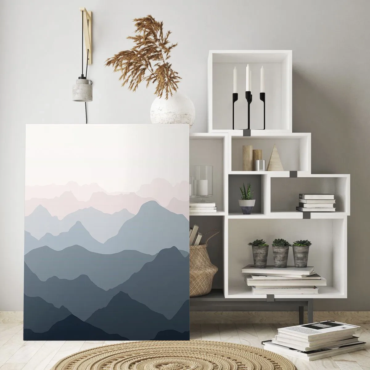 Cuadro sobre vidrio - Impresiones sobre Vidrio - Capas sutiles de montañas en tonos pastel. - 50x70cm - Cordilleras a la vista - Decoración de pared moderna para salón y dormitorio ARTTOR