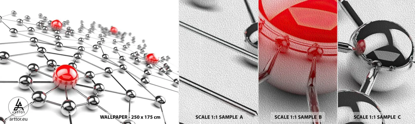 Muestra de fotomural Premium Sand - Una red plateada - Abstracción, bolas de metal, 3D - 100x30 cm