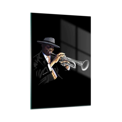 Cuadro sobre vidrio - Impresiones sobre Vidrio - Un músico negro con una trompeta y un sombrero sobre un fondo negro. - 50x70cm - El encanto de la vieja escuela - Decoración de pared moderna para salón y dormitorio ARTTOR