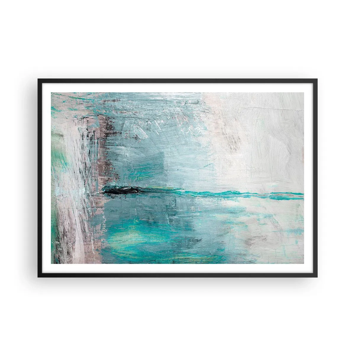 Póster en marco negro - Abstracción en tonos turquesa y gris. - 100x70cm - Horizontalmente sobre el azul - Decoración de pared moderna para salón y dormitorio ARTTOR