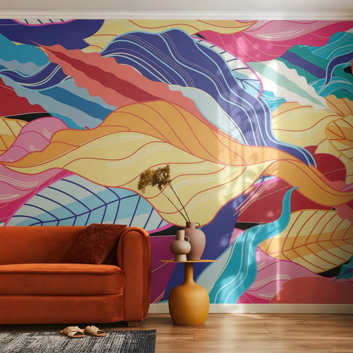 Fotomural Premium Sand - Gráficos de hojas coloridas en un estilo abstracto. - 100x70cm - Desorden colorido - Decoración de pared moderna para salón y dormitorio ARTTOR
