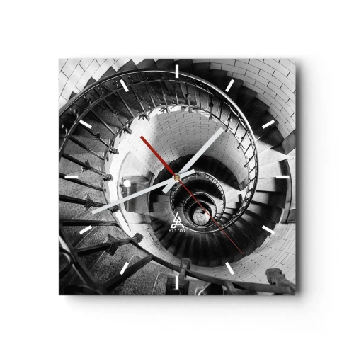 Reloj de pared - Reloj de vidrio - Fotografía en blanco y negro de una escalera de caracol con perspectiva de arriba hacia abajo. - 30x30cm - Cada vez más alto - Decoración de pared moderna para salón y dormitorio ARTTOR