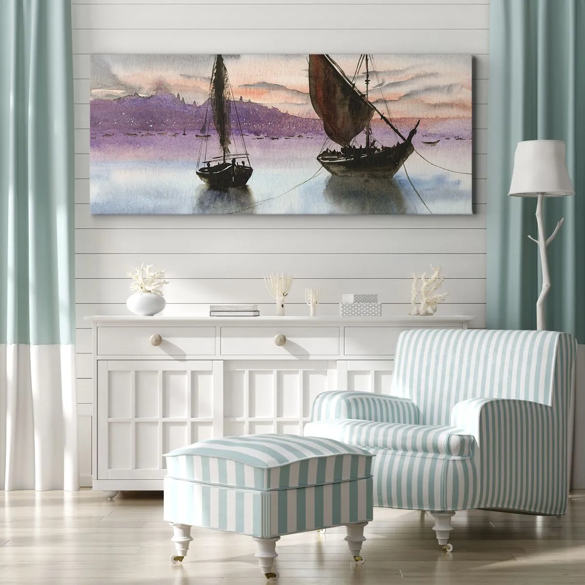 Cuadro sobre lienzo - Impresión de Imagen - Dos veleros amarrados en aguas tranquilas al anochecer - 120x50cm - Atardecer en el puerto - Decoración de pared moderna para salón y dormitorio ARTTOR